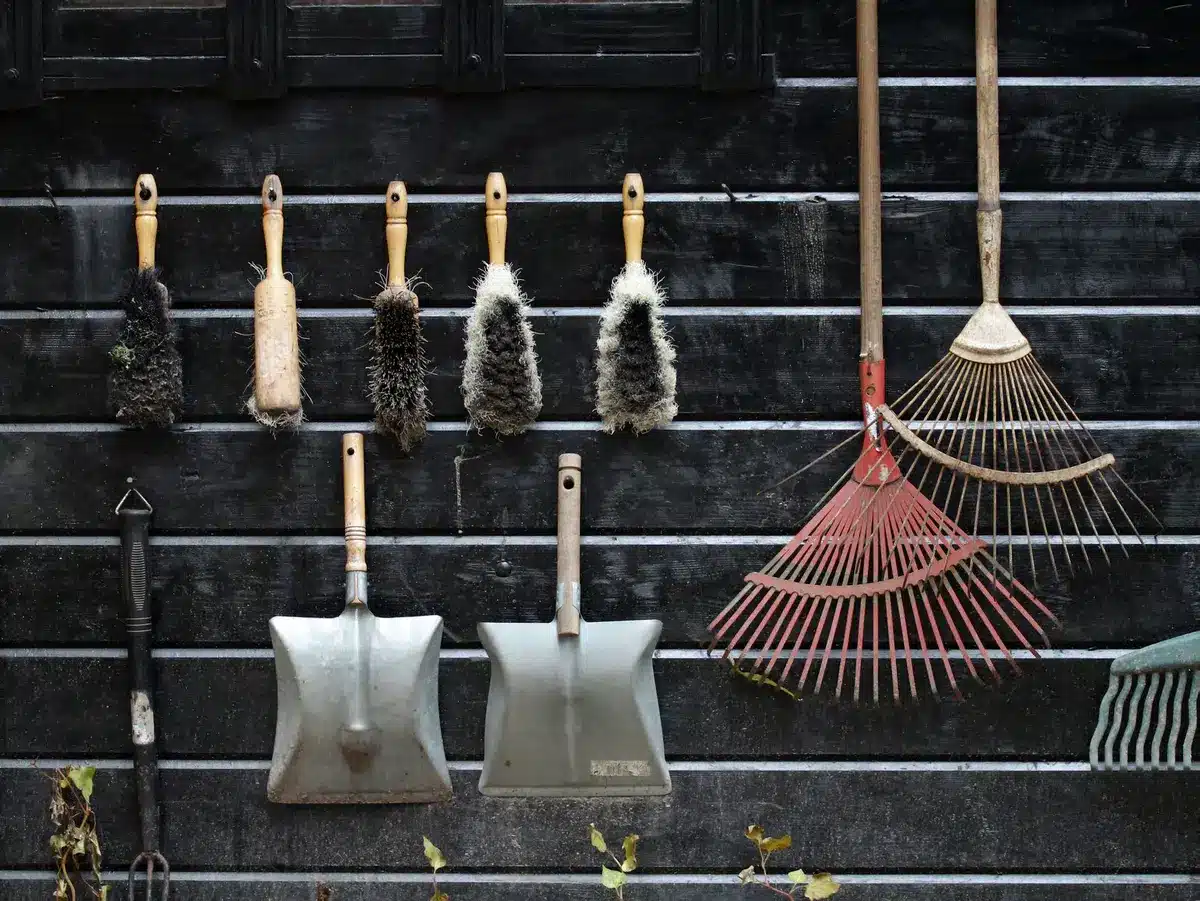 Parkside 10-piece brush set and gardening tools displayed together