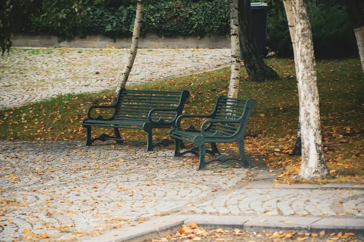 Persona che si rilassa su una panchina in un parco locale circondato da architettura italiana e verde.