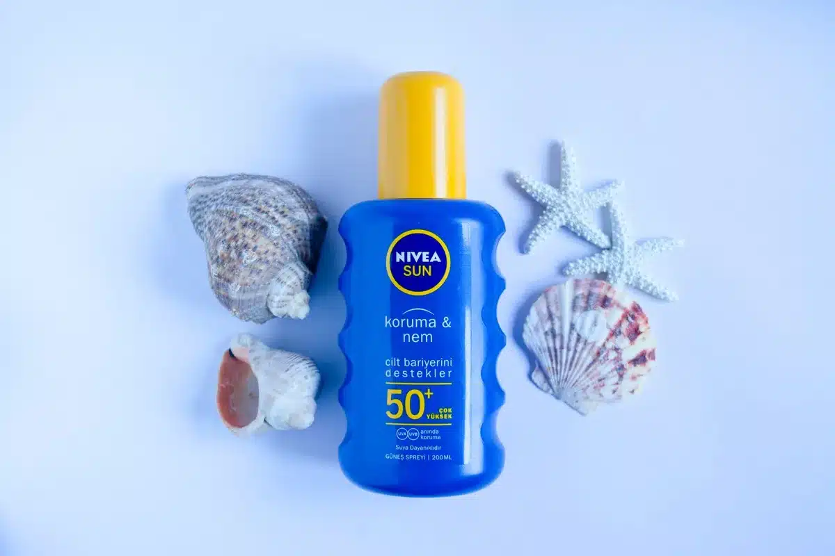Diverse sunscreen bottles and products displaying various SPF levels and broad-spectrum labels