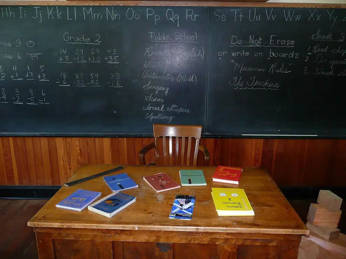 Scrivania di scuola con smartphone che mostra una chat e libri, scena anonima